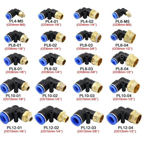 Pneumatic Air Connector Kit With Elbow Fittings And Quick Connect Hose For 4 6 8 10 12 Millimeter Lines Thread Sizes One Eighth One Quarter Three Eighths One Half Inch PL12 04 displayed in various sizes and thread types