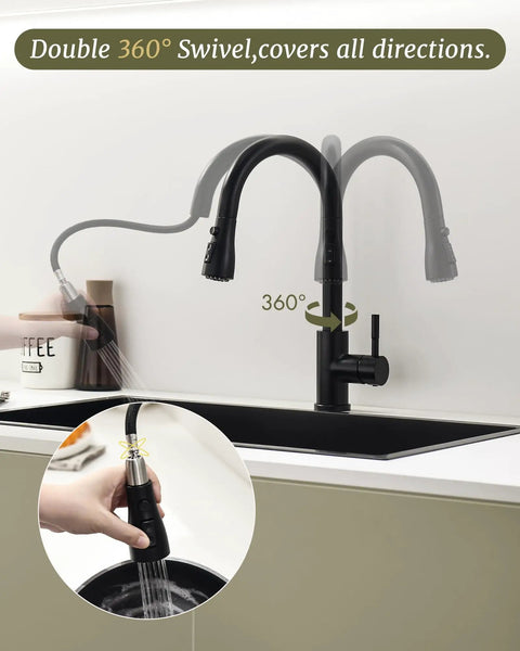 Heavy Duty 304 Stainless Steel Kitchen Faucet With Pull Down Sprayer And Smooth Glide Handle showcases 360° swivel feature.