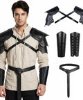 Leather Shoulder Armor Dope With Dual Pauldrons, Bracers Vambrace, And Medieval Ring Belt for LARP Cosplay Men, shown on model