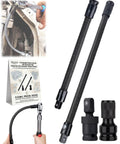One Half Inch Flexible Socket Drill Bit Shaft Extension And Wrench Extender For Impact Drills And Torque Adapters 360 Degree Bendable Flex Rod Tools Long Reach Bar Set Six Pack showing two flexible shafts, and adapters.
