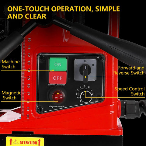 Control panel of Heavy Duty Industrial Magnetic Drill Press 1300W Copper Motor with switches for operation and speed adjustment.