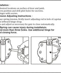 Installation instructions for Butter Smooth Self Closing Door Hinges, 2-3/4 Inch set, showing hinge adjustments and screw placement.