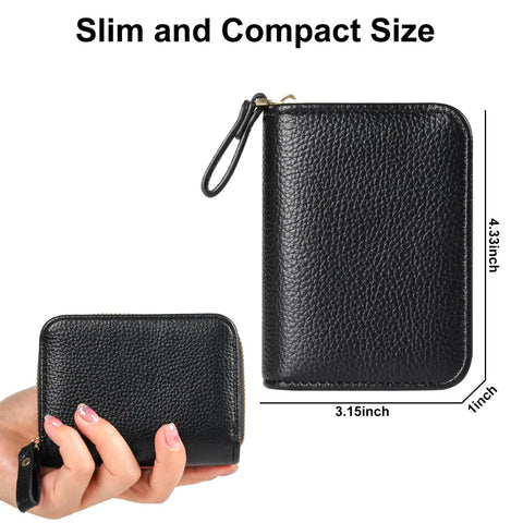 Black RFID Blocking Credit Card Holder Wallet, Slim Leather Card Case With Zippered Accordion Design, 3.15 x 4.33 inches