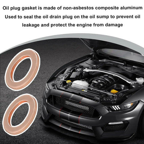 Oil Drain Plug Gasket Set, 14mm Copper Crush Washers For Leak Free Sealing, 10 Pack Replacement Gaskets shown with car engine