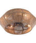 Handwoven Rattan Ceiling Fan with Light and Remote for Bedroom Living Room, top view showing woven twine shade and iron frame.