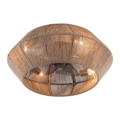 Handwoven Rattan Ceiling Fan with Light and Remote for Bedroom Living Room, top view showing woven twine shade and iron frame.