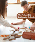All In One Wood Carving Kit 15 Piece Set With PU Storage Bag Includes 6 Whittling Knives 5 Detail Knives Polishing Compound visible in use