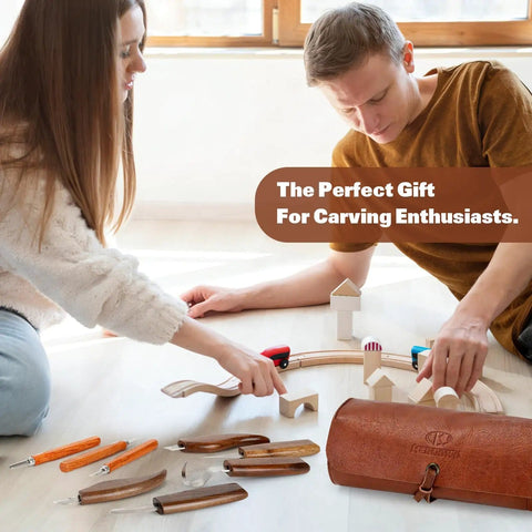 All In One Wood Carving Kit 15 Piece Set With PU Storage Bag Includes 6 Whittling Knives 5 Detail Knives Polishing Compound visible in use