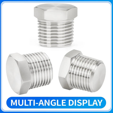 Multi-angle display of 304 Stainless Steel Heavy Duty Outer Hex Head Socket Pipe Plug Fitting One Eighth Inch NPT Male Thread Adapter