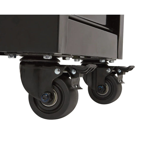 Close-up of smooth glide wheels on 5 Drawer Rolling Tool Cabinet 17 Inch 75 Pound Capacity Welded Steel Construction With Rust Resistant Powder Coat