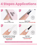 4 step application process of HEMA Free Pink Gel Nail Kit With UV Light Travel Set showing prep, base coat, gel, and top coat.