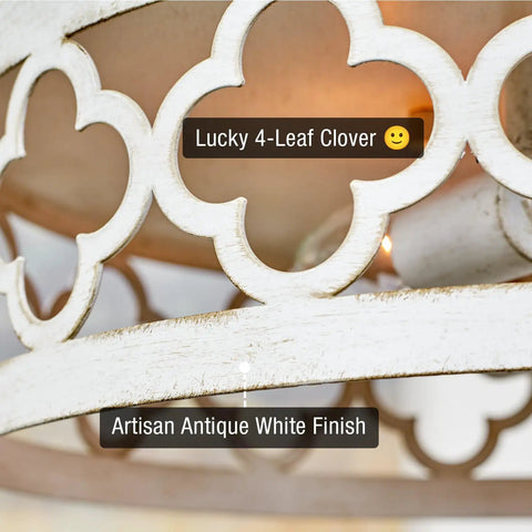 Close-up of Farmhouse Quatrefoil 13 Inch Flush Mount Ceiling Light with distressed white metal drum shade in antique white finish.