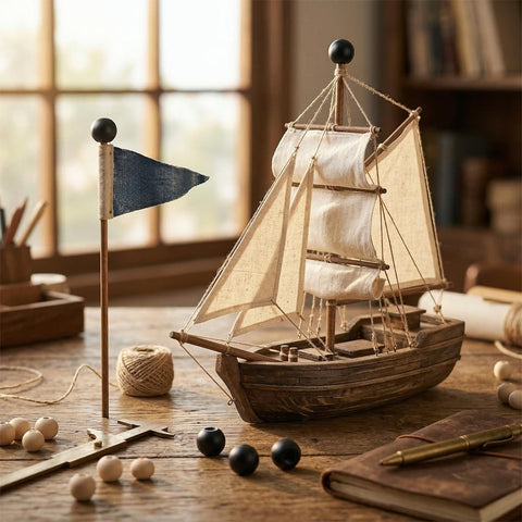 Model ship on a desk with decorative elements, including black knobs resembling 18Pcs M4 x 9mm Threaded Ball Knobs and Screw Caps Set.