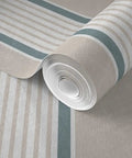 Rustic Victorian Matte Linen Wallpaper, roll showing smooth beige and blue striped design, ideal for kitchen and bathroom decor.