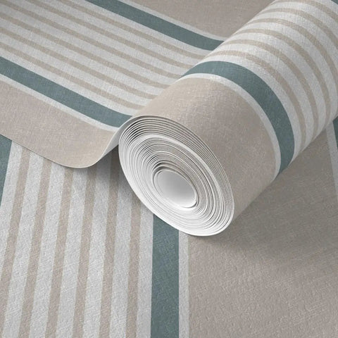 Rustic Victorian Matte Linen Wallpaper, roll showing smooth beige and blue striped design, ideal for kitchen and bathroom decor.