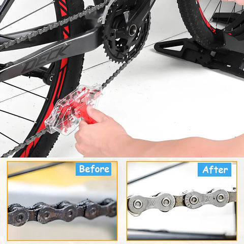 Bike Chain Cleaner Tool Kit With Built In Brushes Transparent Cleaning Machine For Mountain And Road Bikes In Use Before After