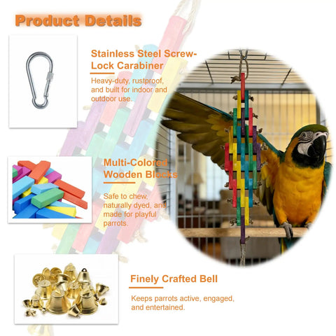 Hella Tough Parrot Chew Toy For Large Birds Natural Wood Blocks with stainless steel carabiner and colorful blocks for enrichment.