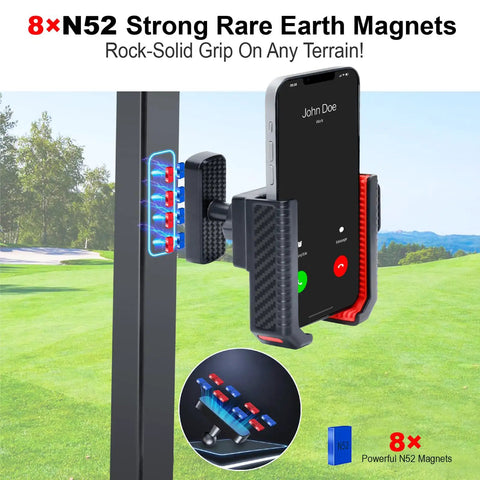 Magnetic Golf Cart Phone Holder With 8 N52 Strong Magnetic Base Universal Fit For EZGO Club Car Yamaha Golf Carts Secure Grip For iPhone Samsung And Other Smartphones Red Accessory For Men And Women visible on a golf cart frame.