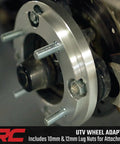 Upgrade Your Polaris UTV Setup With These Heavy Duty 4x156 To 4x136 Wheel Adapters That Drop Your Can Am Rims A Full Inch For Wide Tire Flex Meaner Fitments And Fresh Off Road Stance In Pairs, showing UTV wheel adapter with bolts.