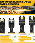 Heavy Duty Oscillating Tool Blade Kit 50 Piece Universal Multi Saw Blades For Metal Wood And Plastic M42 Steel Titanium Coated Cutting Set with four blade designs.