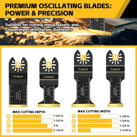 Heavy Duty Oscillating Tool Blade Kit 50 Piece Universal Multi Saw Blades For Metal Wood And Plastic M42 Steel Titanium Coated Cutting Set with four blade designs.