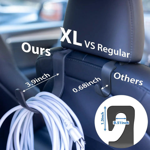 Heavy Duty Headrest Hooks for Trucks and Cars, Extra Large Seat Back Organizer for Hard Hats, Bags and Gear shown in comparison