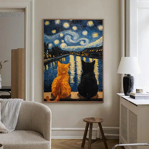 Cat Diamond Painting Kit for Adults 5D Full Drill Starry Night Diamond Art Set for Beginners displayed on a wall in living room