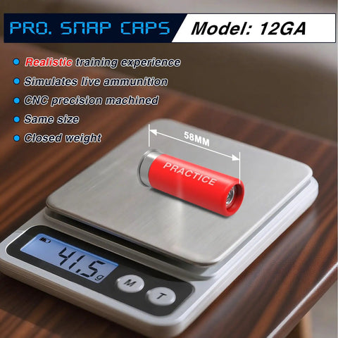 12 Gauge Snap Caps Training Dummy Rounds, Reusable Dry Fire Practice Rounds Close To Real Weight For Safe Loading, Unloading, Chambering And Malfunction Drills, 6 Pack on electronic scale