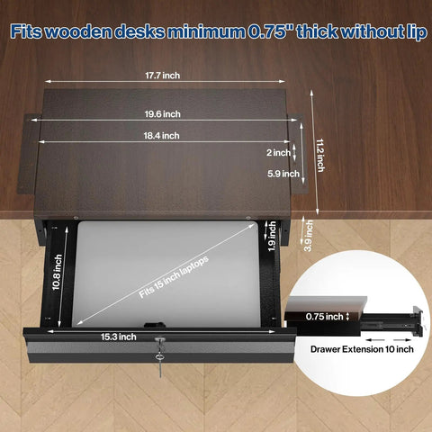Heavy Duty Cold Rolled Steel Under Desk Drawer With Secure Lock And Slick Slide Out Tracks For Boss Level Paperwork And Tech Accessory Organization At Your Desk Station showing dimensions and fit for 0.75 inch thick desks.