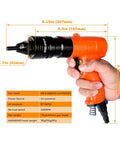 Pro Grade Pneumatic Rivet Nut Tool Kit With Quick Change Gun Head held in hand, dimensions and specs displayed