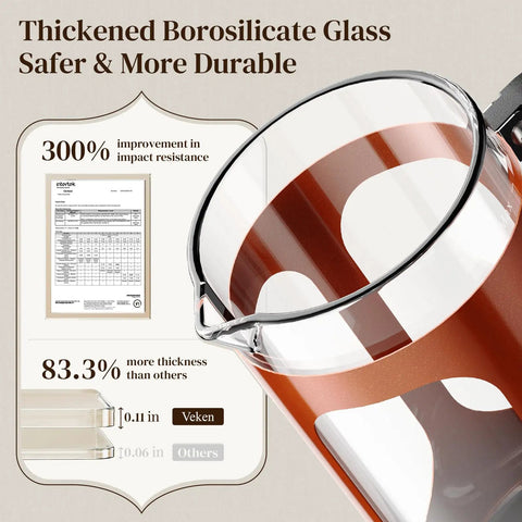 Thickened borosilicate glass detail of 34oz No Plastic Touch French Press Coffee Maker with copper finish, highlighting durability.