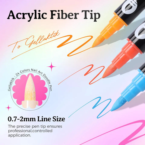 Close-up of 24 Colors Dual Ended Nail Art Pens Set with acrylic fiber tip and vibrant lines, showing 0.7-2mm sizes.