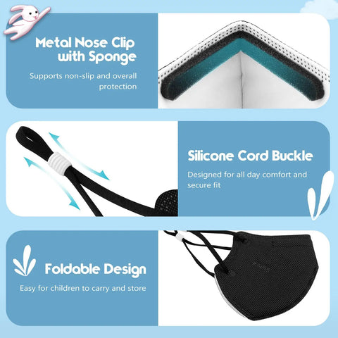 Kids KN95 Face Mask 25 Pack 5 Layer Breathable Mask With Adjustable Ear Loops And Silicone Cord Buckles Black Snug Fit No Slip Design Great For Everyday School And Travel featuring metal nose clip, silicone buckle, foldable design