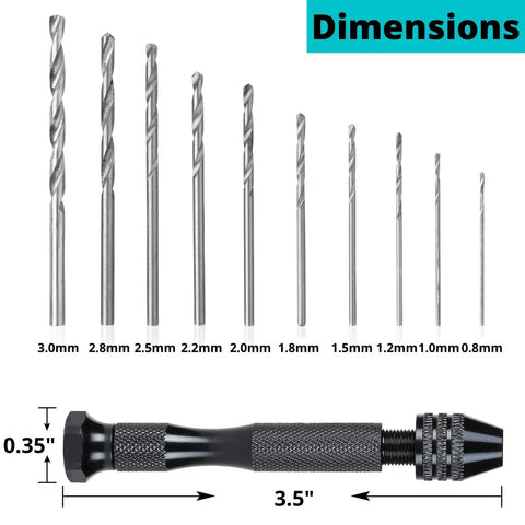 Hand Drill Set With 10 Drill Bits 0.6-3.0mm For Jewelry Making And Resin Craft Pin Vise Mini Drill dimensions diagram