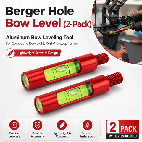 Plug And Play Berger Hole Archery Level Two Pack Slick Aluminum Aligner with green bubbles for precise bow tuning.