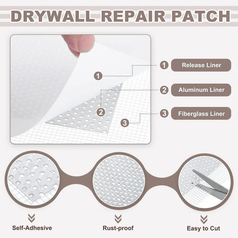 Diagram showing 2-Pack 6x6 Inch Peel-And-Stick Drywall Patch Aluminum Mesh For Quick Easy Hole Fix Self-Adhesive Wall Patch layers