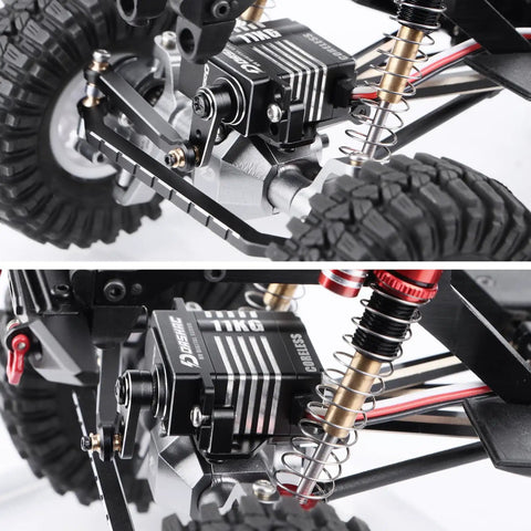 Beefy 11Kg Coreless Servo With Metal Gear For 1/18 RC Crawler Upgrades mounted on vehicle showing steering links and suspension