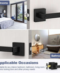 Image showing Privacy Door Lock Set 10 Pack Matte Black Keyless Door Handles For Interior Doors installed on bedroom and bathroom doors.