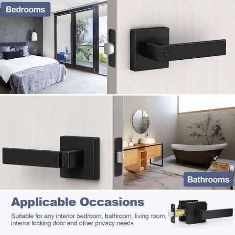 Image showing Privacy Door Lock Set 10 Pack Matte Black Keyless Door Handles For Interior Doors installed on bedroom and bathroom doors.