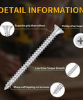 Rock Solid Number 9 X 3 Inch Flat Head Phillips Wood Screws close-up showing sharp self-tapping design and superior grip features.