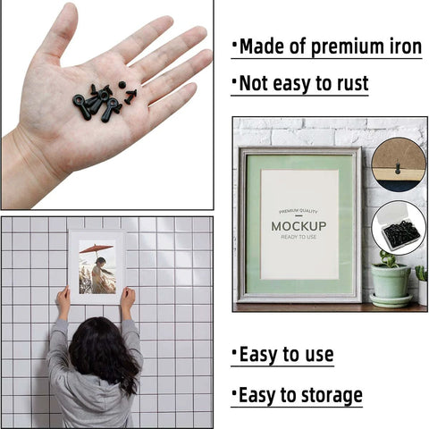 Close-up of 160-piece black metal picture frame hardware set with screws and turn-button fasteners for hanging photos.