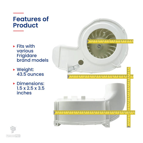 Frigidaire Blower Housing Assembly Replacement For 131775600 823074 AH418726 EA418726 PS418726 DIY Friendly Upgrade shown with measurements