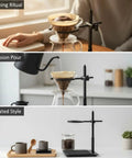 Hassle Free Pour Over Coffee Stand Featuring Adjustable Height Alloy Base With Non Slip Pad, shown in morning brewing setup.