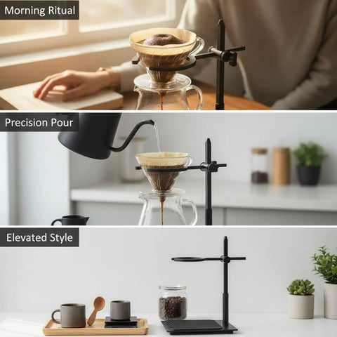 Adjustable Pour Over Coffee Stand Height Adjustable Aluminum Dripper Holder With Non Slip Base For Conical Filter Cups Compact countertop setup for precision brewing.