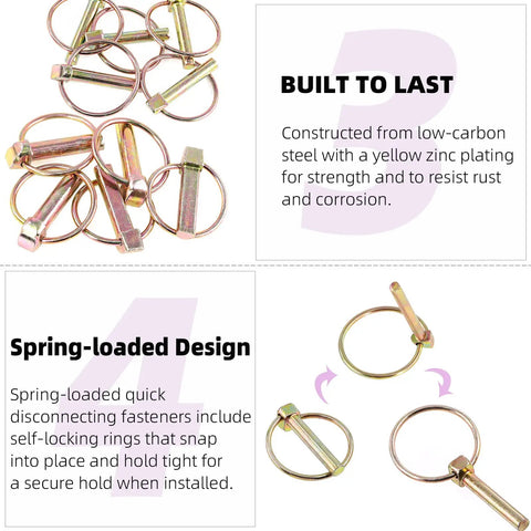 15 Piece Spring Loaded Lynch Pin Kit With 7/16 x 1-3/4 Inch Pins, stainless steel lanyard cables, quick release ring