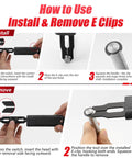 3mm And 4mm E Clips Assortment Kit With Pro Grade Ergonomic Installation And Removal Tool Includes 400 Clips And 100 Silver And 100 Black For Each Size Plus 2 Interchangeable Blades For DIY Auto Projects installation and removal guide with tool and E-clip shaft close-ups