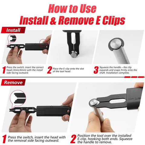 3mm And 4mm E Clips Assortment Kit With Pro Grade Ergonomic Installation And Removal Tool Includes 400 Clips And 100 Silver And 100 Black For Each Size Plus 2 Interchangeable Blades For DIY Auto Projects installation and removal guide with tool and E-clip shaft close-ups
