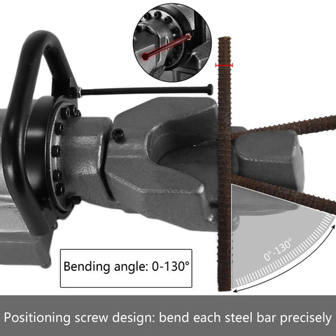 Uwygtf 900W Electric Rebar Bender shows positioning screw design for precise angles 0-130 degrees for steel bending.