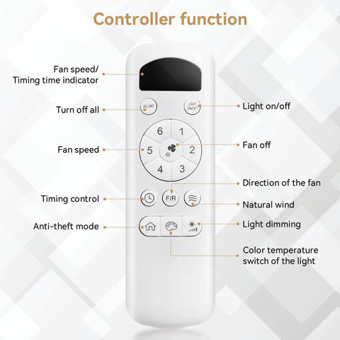Remote for 52 Inch Solid Wood Ceiling Fan With Dimmable Light, showing controls for fan speed, timing, and lighting.