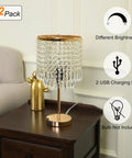 Gold Crystal Table Lamp with USB Ports and Touch Dimmer on a wooden nightstand near a beige couch, part of a set of 2.